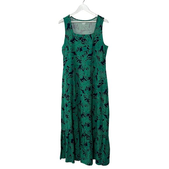 Lands' End Wmns Large 14-16 Cotton Stretch Tropical Print Maxi Dress Green Navy - Picture 2 of 12